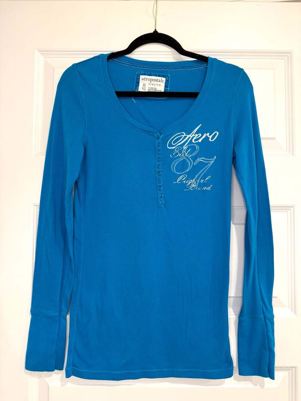 Y2K Aeropostale Blue Long Sleeve Stretch Henley Top Size XL
